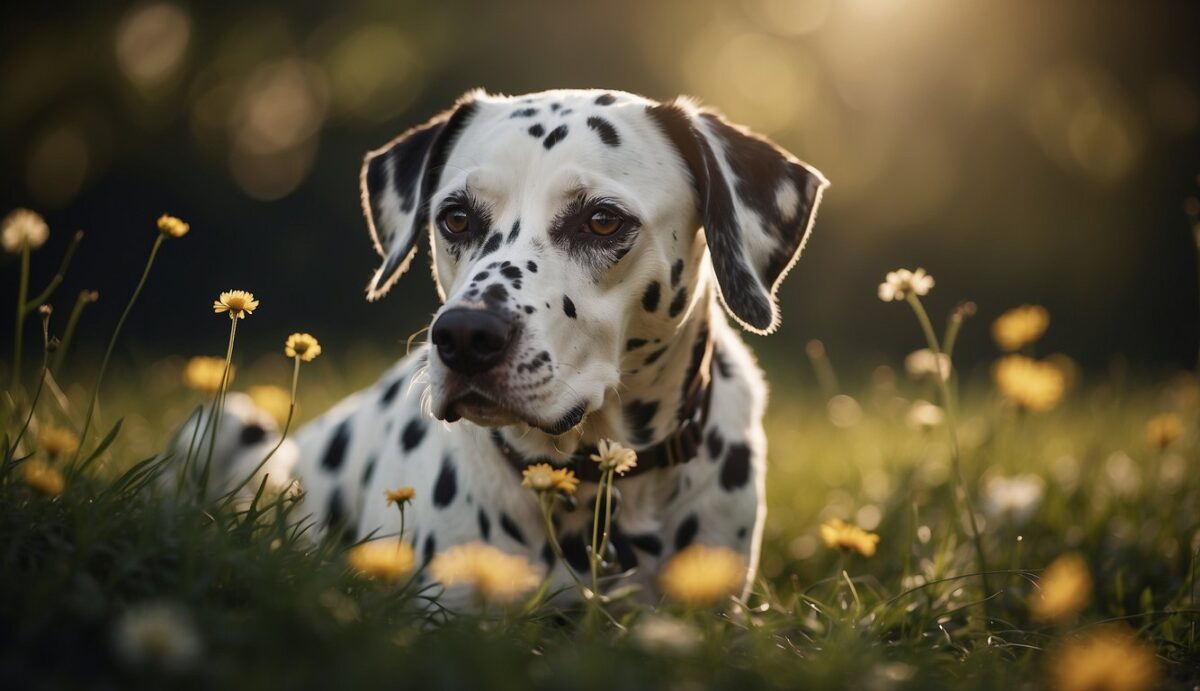 A Dalmatian scratching at its irritated skin, surrounded by potential allergens like pollen, dust, and food