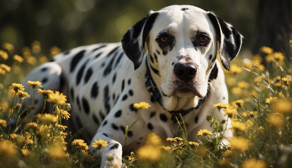 A Dalmatian scratching furiously, surrounded by various potential allergy triggers such as pollen, dust, and certain foods