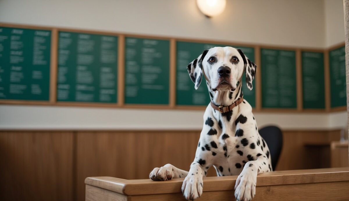 A Dalmatian sits alertly, ears perked, in front of a bulletin board labeled "Frequently Asked Questions Dalmatian Deafness: Causes, Prevention, and Management."