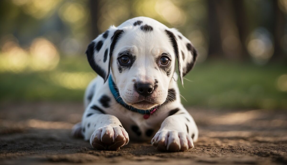 A Dalmatian puppy struggles to stand, showing signs of hip dysplasia. A concerned owner looks on, researching treatment options