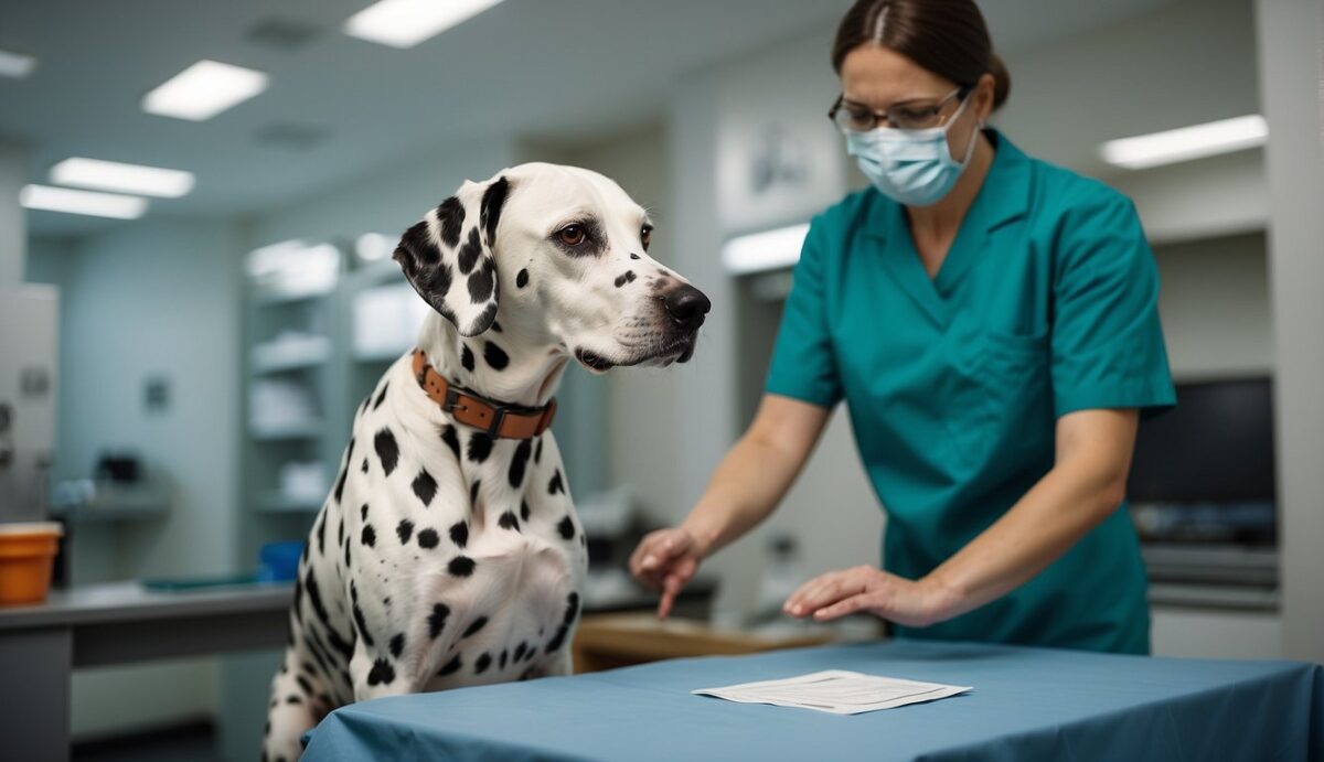 A Dalmatian stands on a veterinary examination table, while a veterinarian uses a goniometer to measure the range of motion in the dog's hips. X-rays and medical charts are scattered on the table