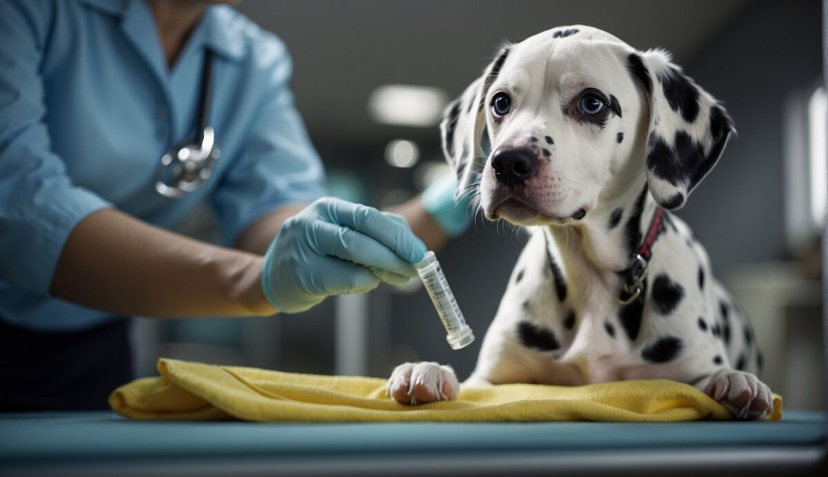 A Dalmatian puppy with a slight limp, being examined by a veterinarian. X-rays and treatment options are being discussed