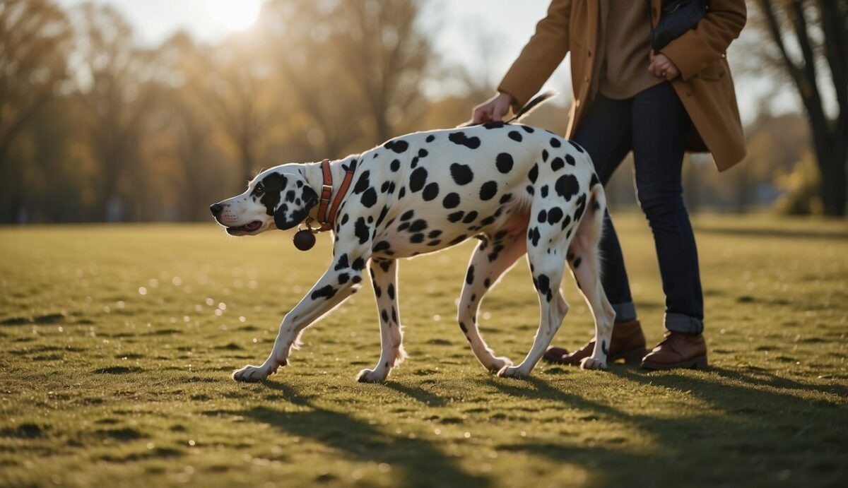 A Dalmatian with hip dysplasia struggles to walk, favoring one side. A concerned owner looks on, researching treatment options