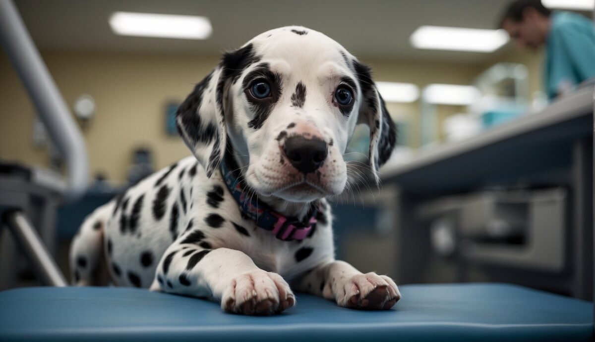 A Dalmatian puppy undergoes a hip dysplasia screening at the veterinarian's office. The vet gently manipulates the puppy's hips, checking for any signs of abnormality. The puppy remains calm and cooperative throughout the examination