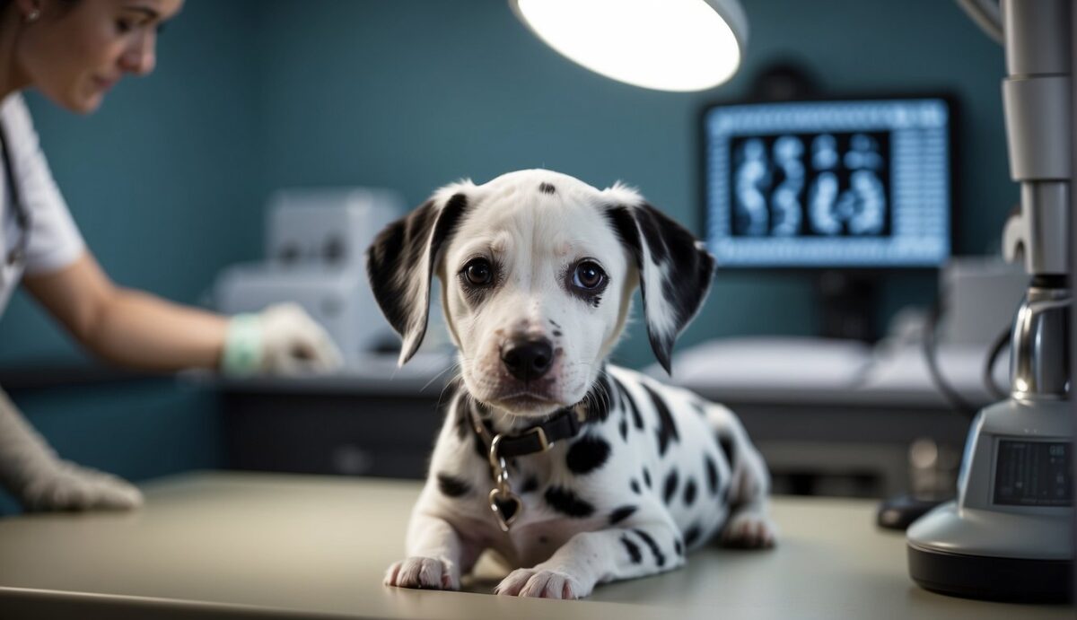 A Dalmatian puppy sits on a veterinarian's table, getting a hip examination. X-rays and medical equipment are visible in the background