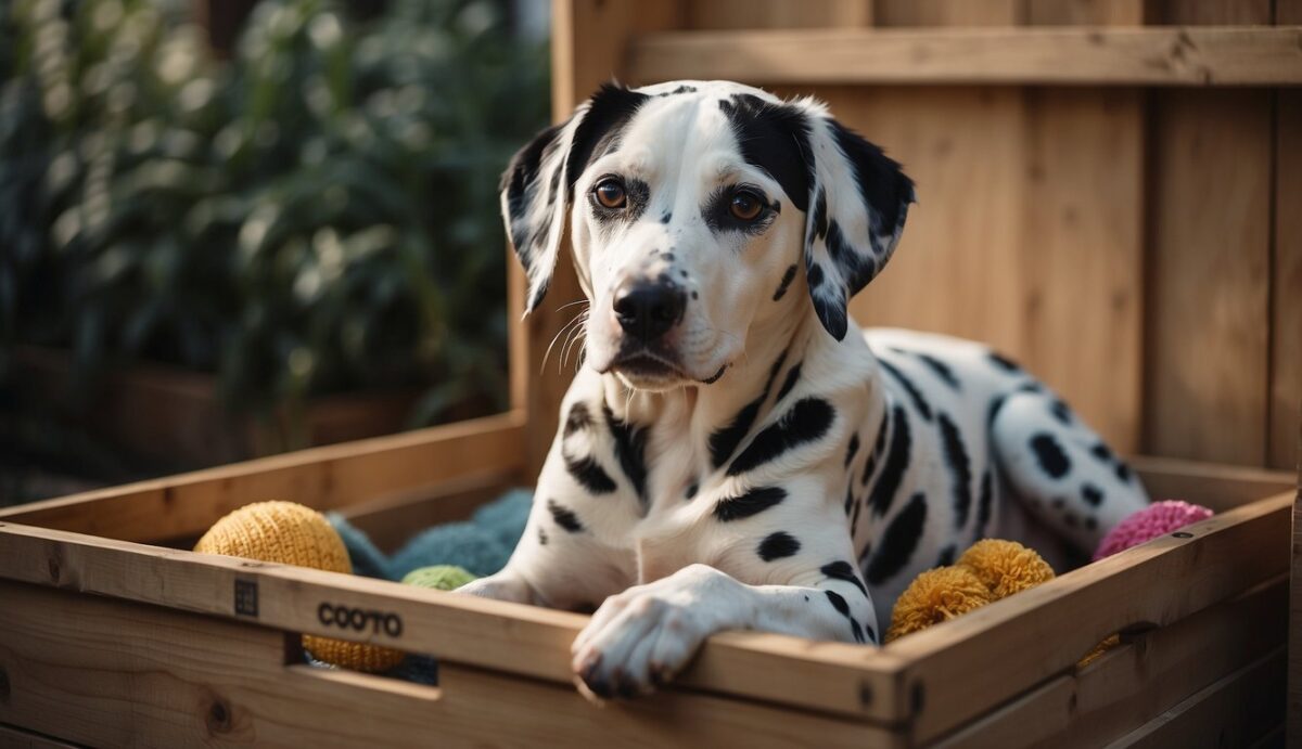 A Dalmatian sits calmly inside a crate, with a comfortable bed and favorite toys. The door is open, showing a positive and relaxed training environment