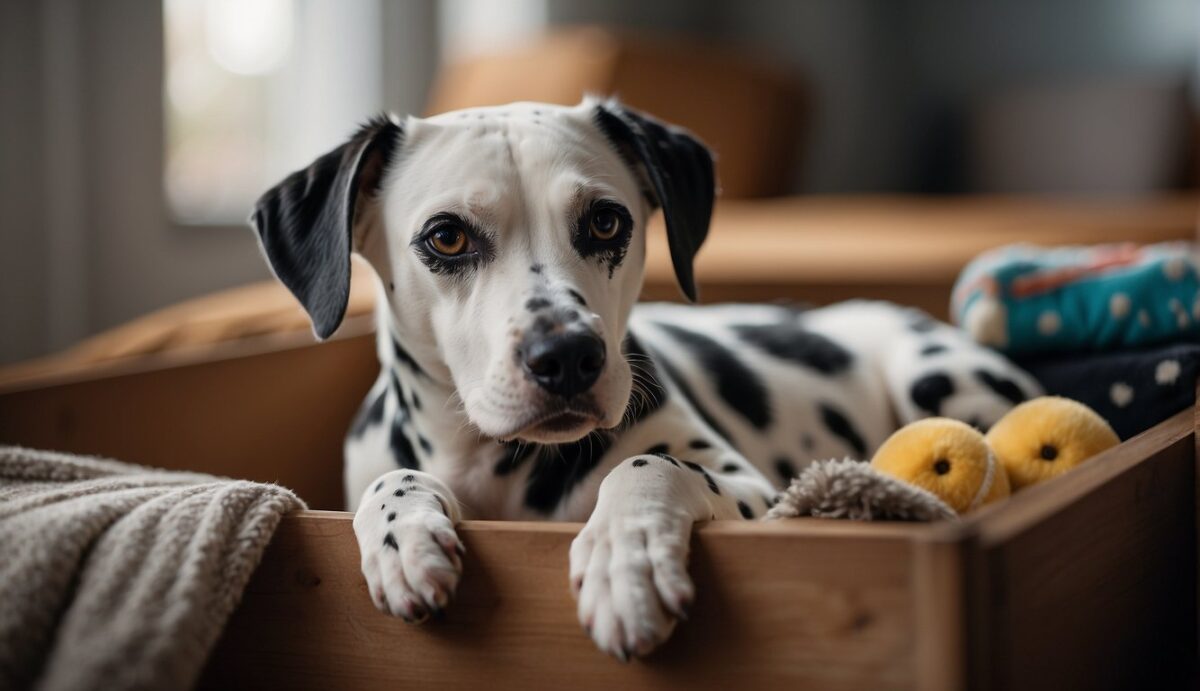 A Dalmatian calmly rests inside a cozy crate, with a comfortable bed and some toys, surrounded by a calm and peaceful environment