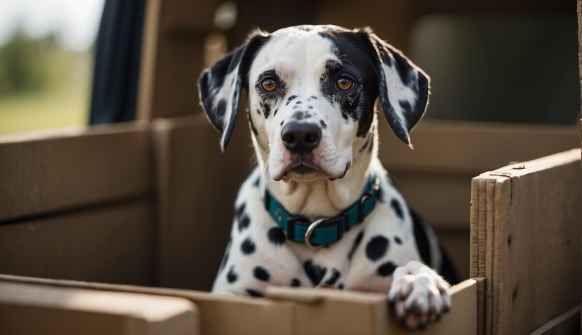 A Dalmatian calmly sits inside a spacious crate, with the door open. The room is quiet and peaceful, creating a positive and safe environment for the dog to learn and adapt to crate training