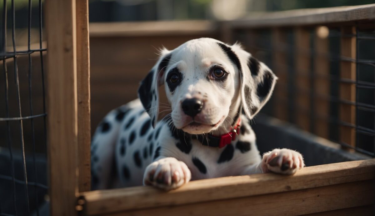 A Dalmatian puppy struggles inside a crate, while a determined owner patiently encourages and rewards the pup for staying calm