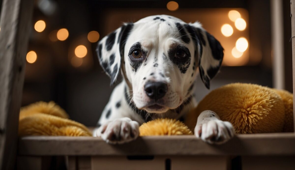 A Dalmatian happily enters a spacious crate with a cozy bed and toys. The crate is placed in a quiet, comfortable area with natural light