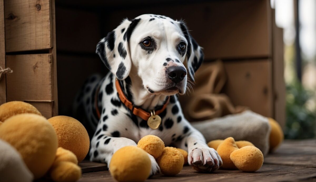 A Dalmatian calmly rests inside a spacious, comfortable crate. Toys and treats are scattered around, creating a positive and inviting environment