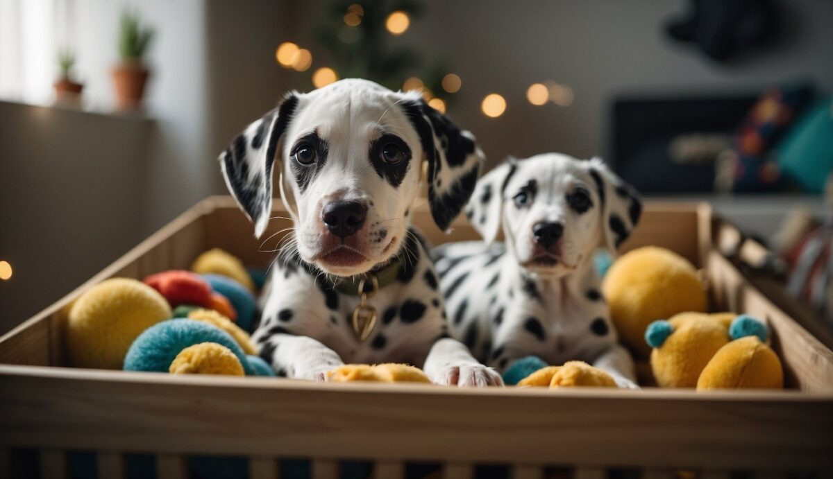 A Dalmatian puppy eagerly enters a crate filled with toys and a cozy bed. The crate is placed in a quiet, comfortable area of the home, surrounded by positive reinforcement and treats