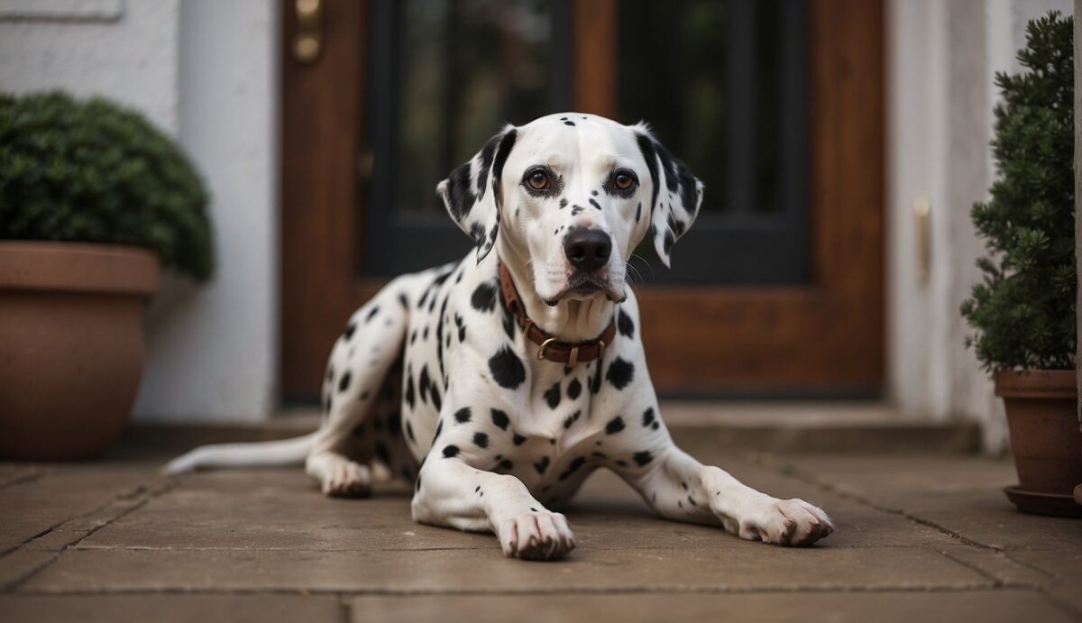 A Dalmatian sits by the front door, looking anxious as the owner leaves. The dog's ears are pinned back, and it paces back and forth, clearly distressed. The room is empty except for the worried dog