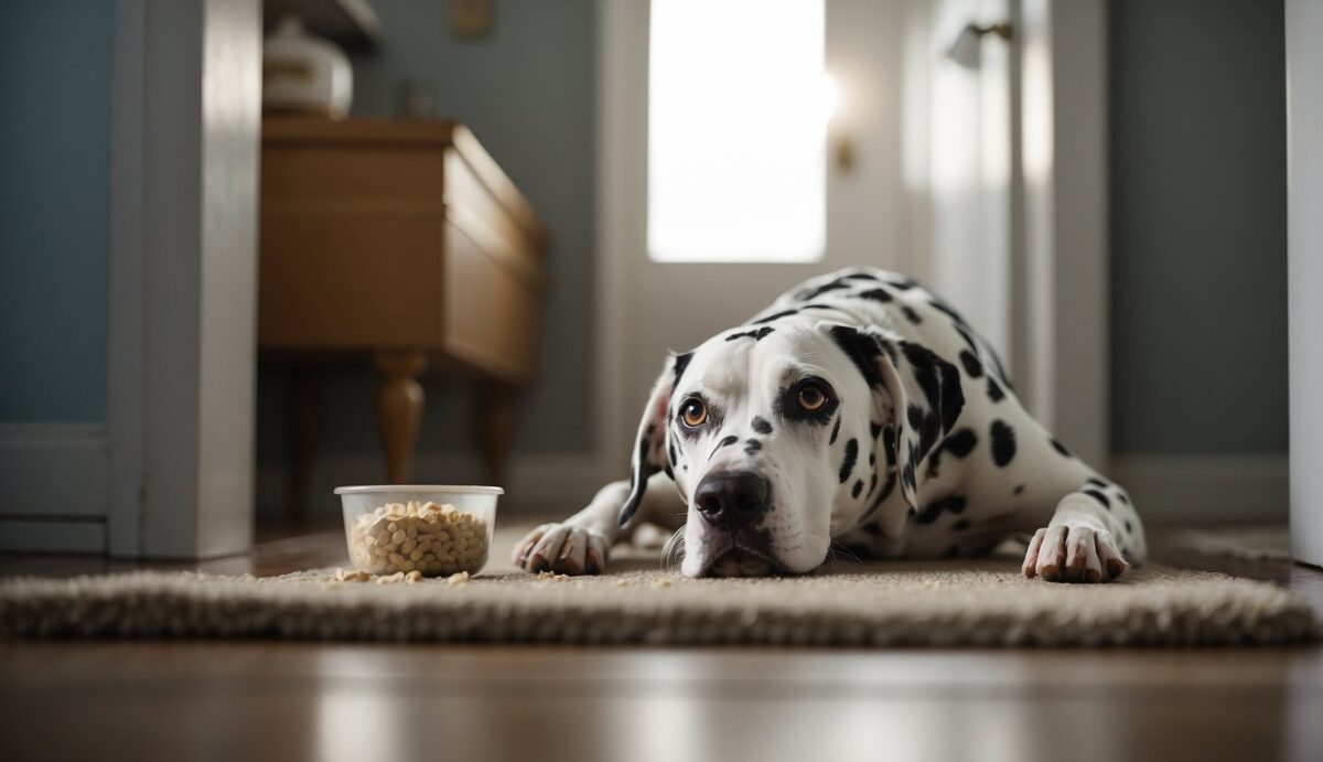 A Dalmatian paces by the door, whining and scratching. Empty food and water bowls sit nearby. A dog bed is torn apart, with stuffing scattered across the floor