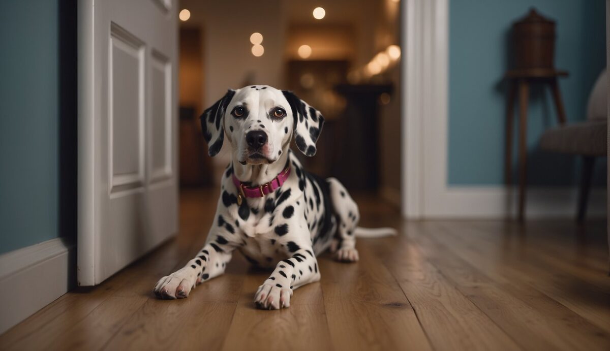 A Dalmatian sits by the door, whining and pacing. Toys and treats lay untouched. A clock on the wall shows the passing time