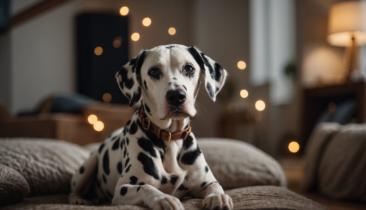 A Dalmatian sits alone, looking anxious. Toys and calming aids are scattered around the room. A comforting bed and soothing music are nearby