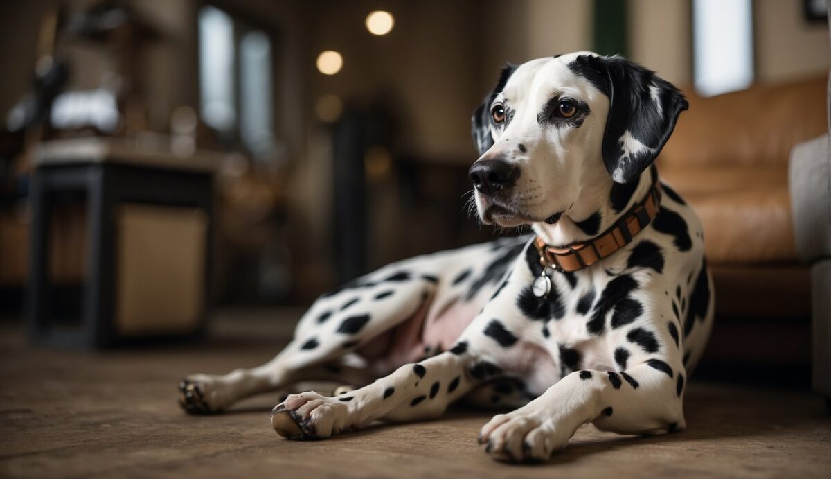 A Dalmatian sits alone, whining and pacing. Nearby, torn furniture and scattered objects show signs of distress. A clock on the wall reads 3:00 PM