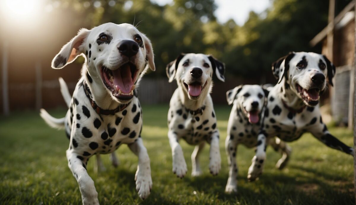 A group of Dalmatians bark loudly, ears perked and mouths open, in a backyard. One dog stands on hind legs, while others run and jump around, creating a chaotic and noisy scene