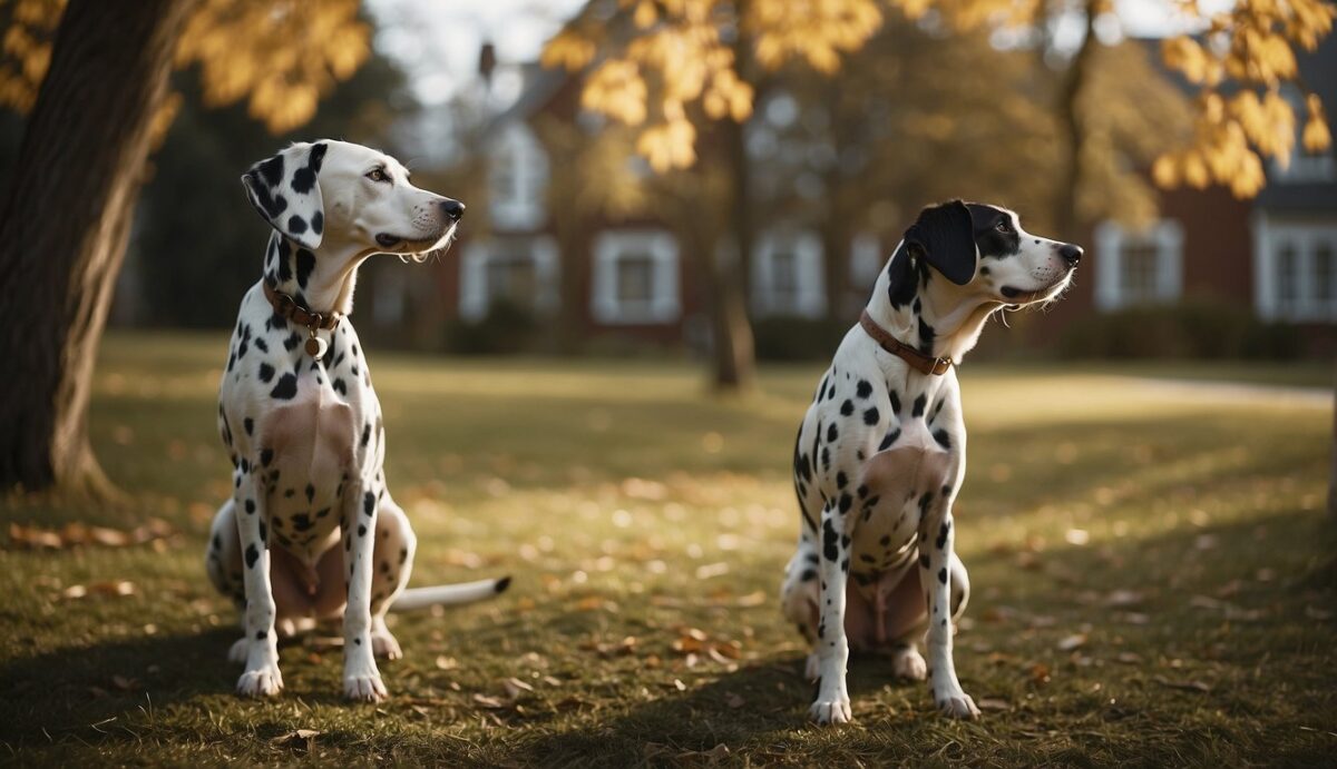 A Dalmatian stands in a yard, barking at a passing squirrel. Its ears are perked up, and its tail is raised high