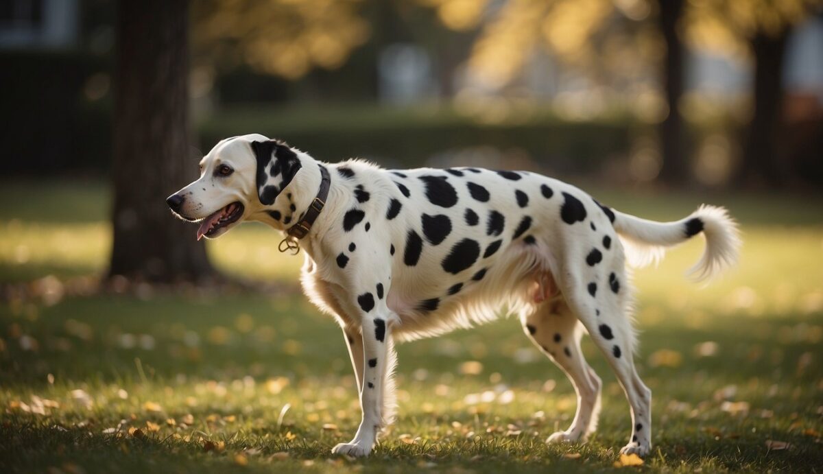 A Dalmatian stands in a yard, barking loudly at a passing squirrel. The dog's ears are perked up and its tail is wagging excitedly