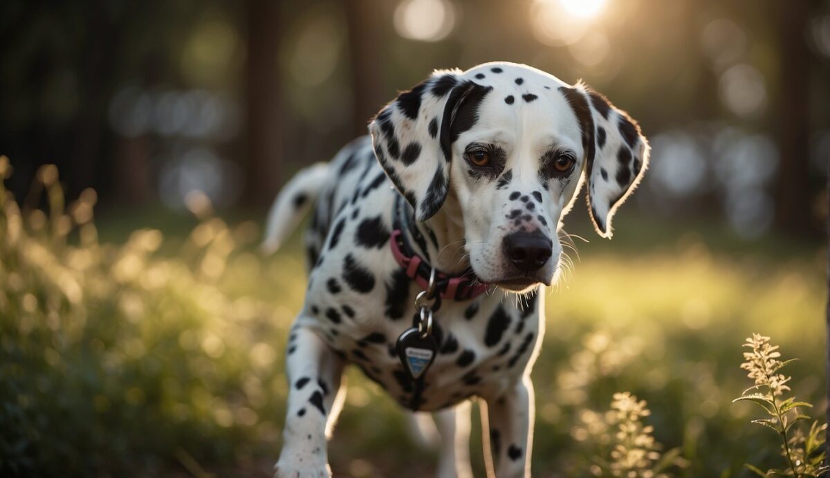 A Dalmatian stands with ears perked, barking excessively. A trainer holds a clicker and treats, ready to correct the behavior