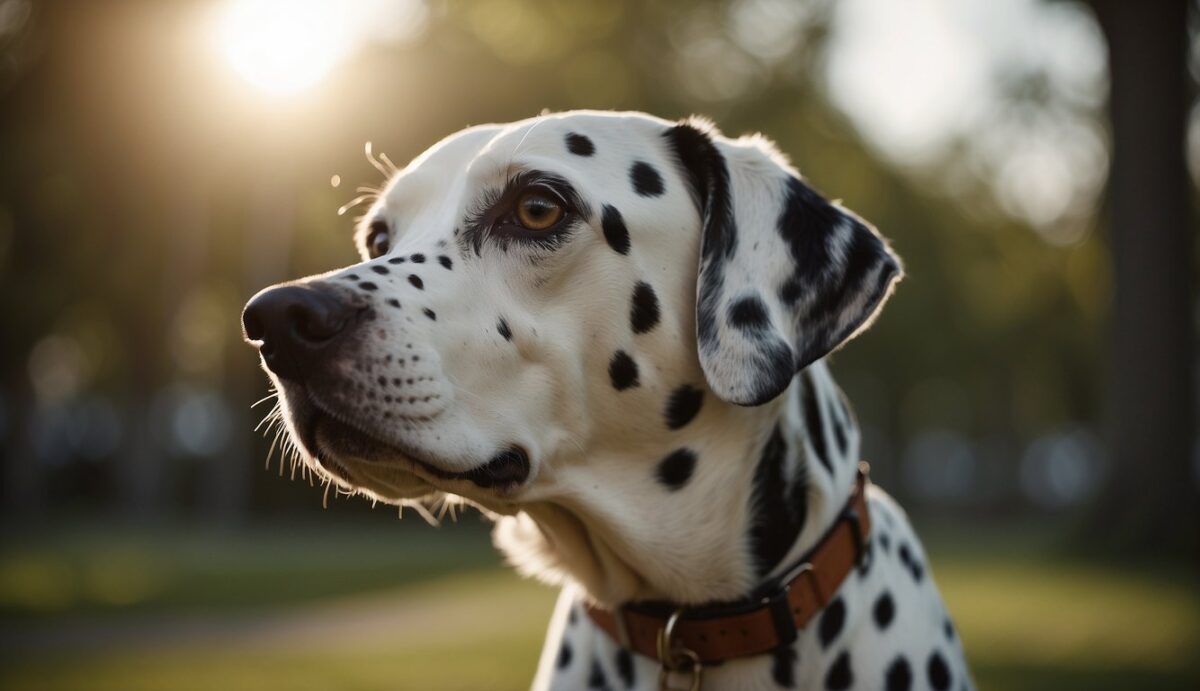 A Dalmatian barking excessively, ears perked, mouth open, and tail raised. A veterinarian or dog trainer observing and offering guidance
