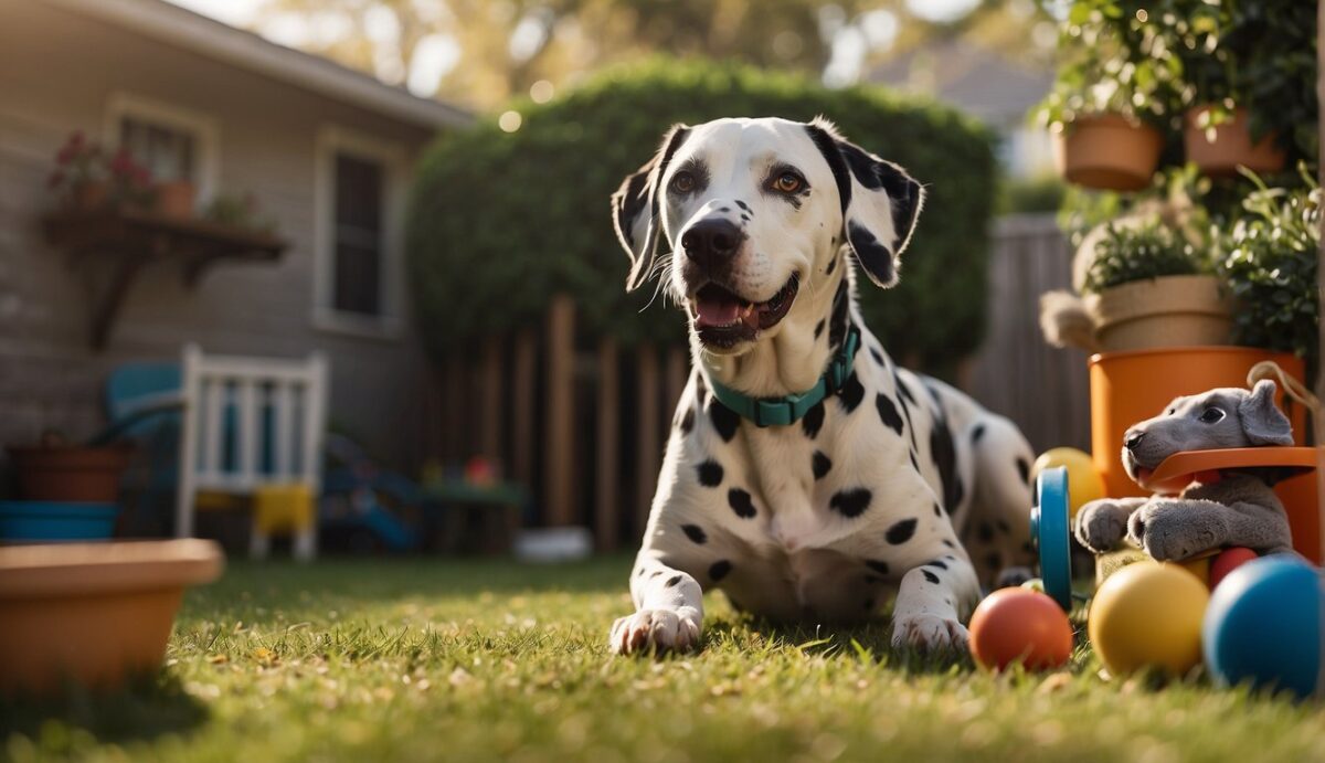 A Dalmatian barking excessively in a suburban backyard, surrounded by toys and a food bowl. A frustrated owner looks on from inside the house