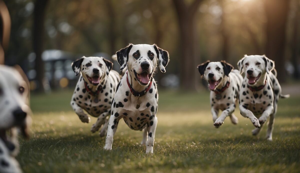 A group of Dalmatians barking excessively at a dog park, while dog walkers struggle to calm them down