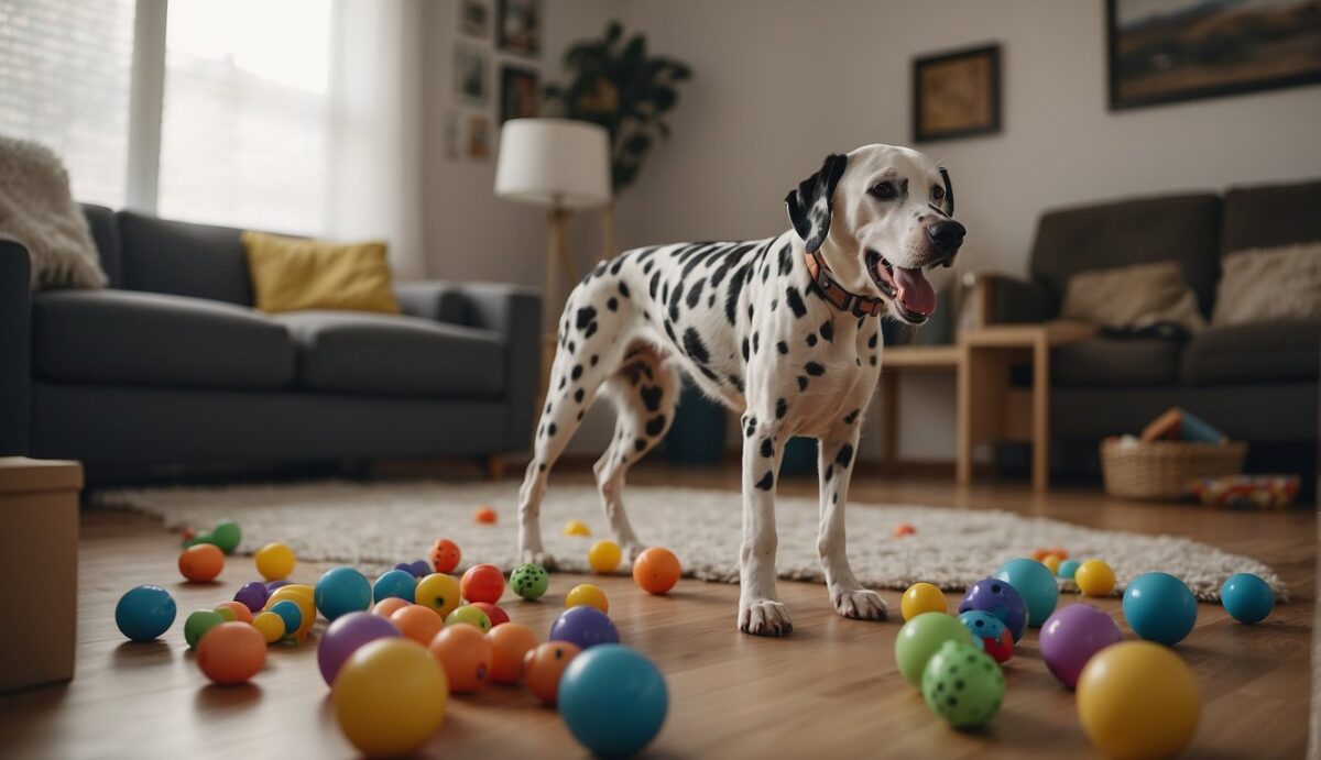 A Dalmatian barking loudly in a living room, with scattered toys and a frustrated owner trying to calm the dog down