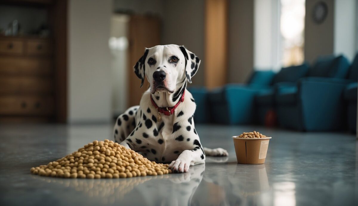 A Dalmatian sits in front of a full food bowl, looking overweight. Empty dog food bags and treats litter the floor