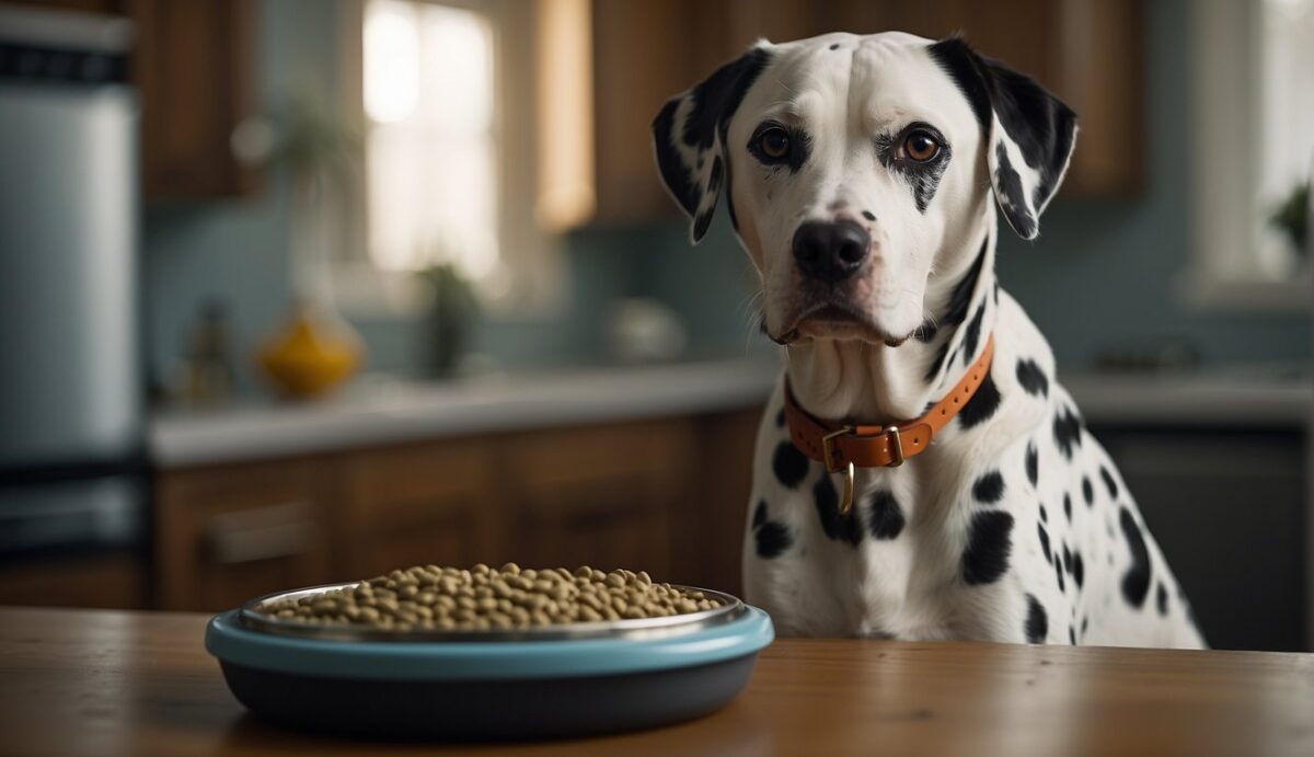 A Dalmatian dog standing on a scale, with a concerned owner looking on. A bowl of kibble and a measuring cup sit nearby