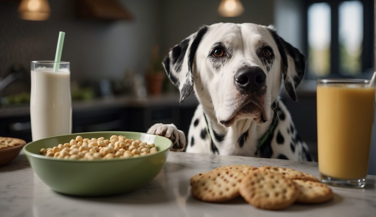 A Dalmatian struggles to move due to obesity. Food bowls and unhealthy treats surround the dog. A vet provides guidance on prevention