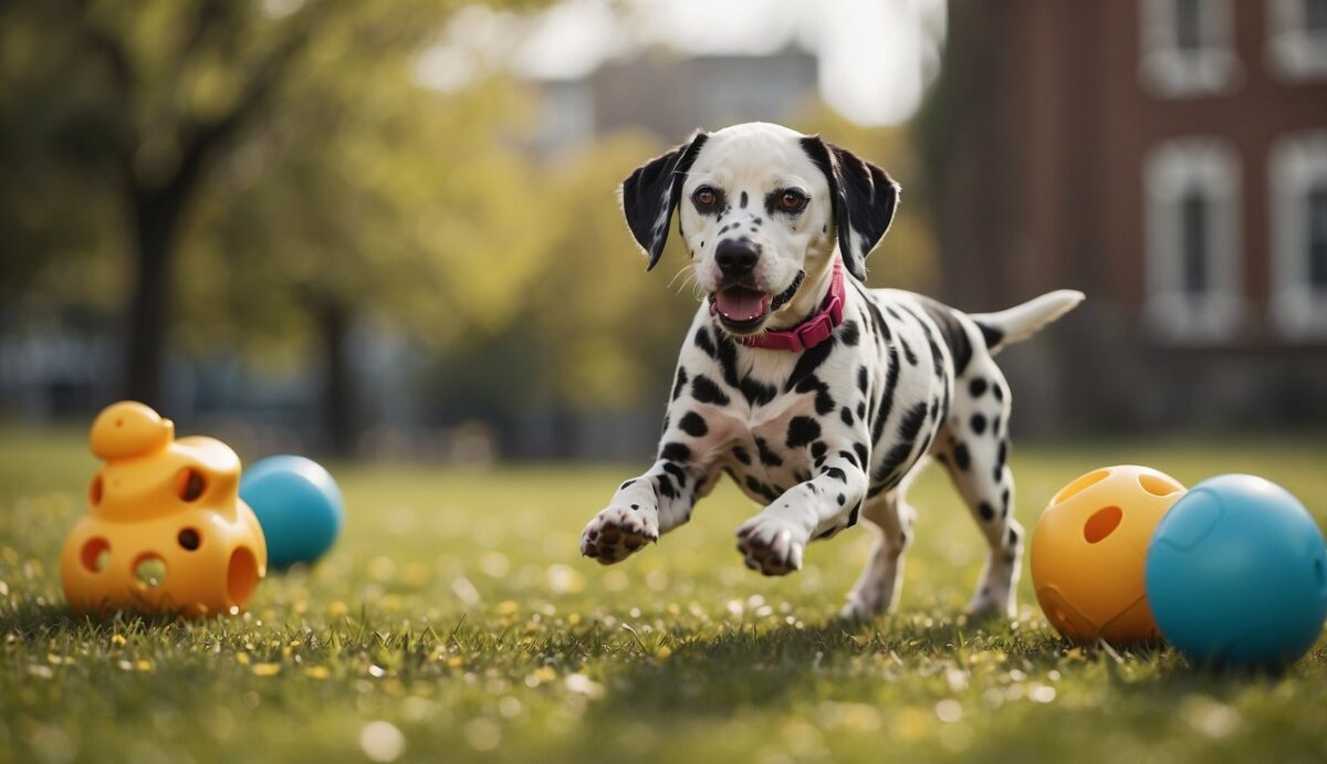 A Dalmatian playing with a variety of toys and engaging in physical activity to prevent obesity