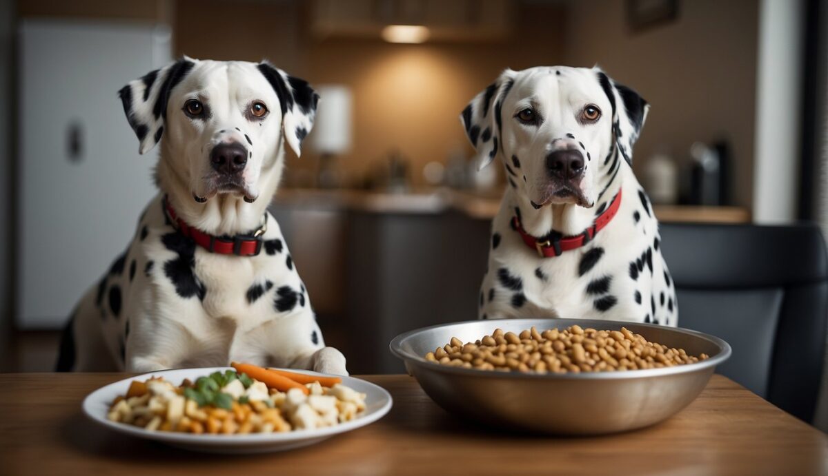 A chubby Dalmatian sits in front of a full food bowl, while a concerned owner looks on. A vet holds a chart showing the risks of obesity