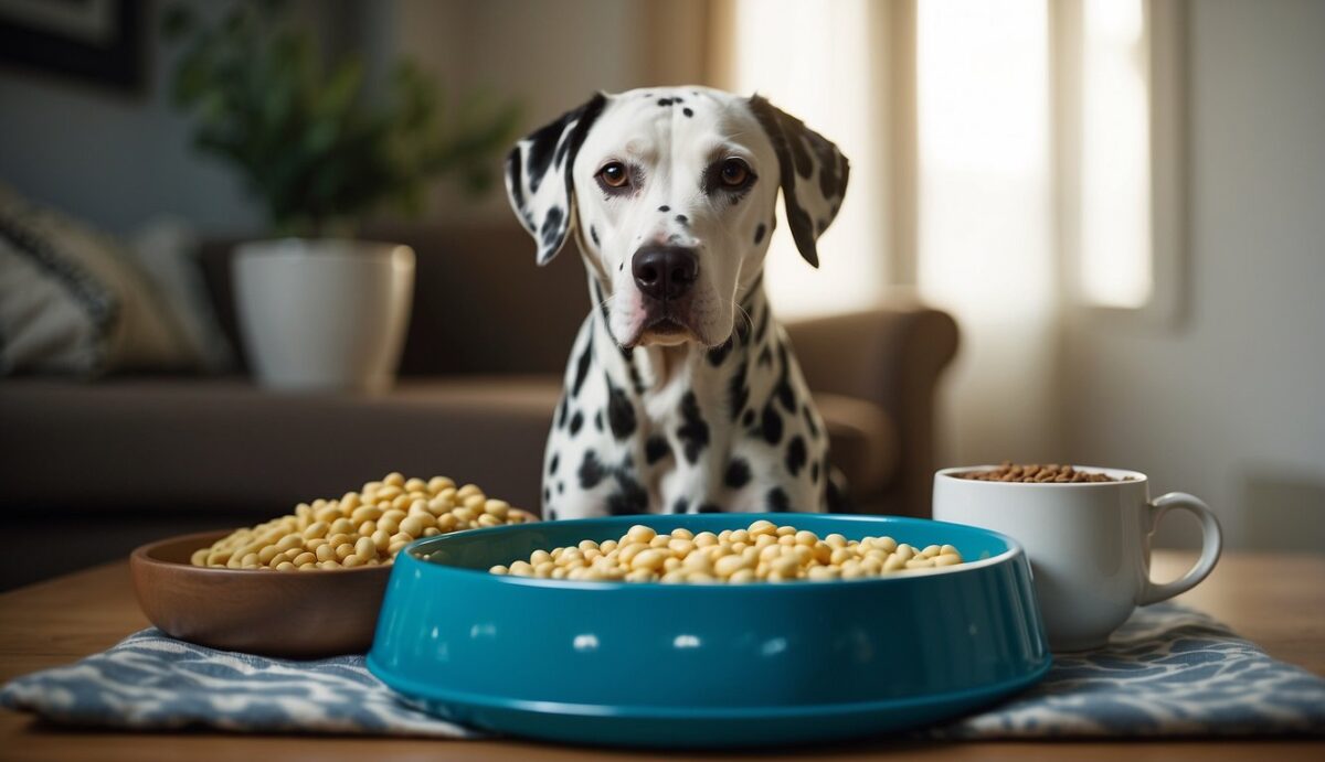 A Dalmatian lounges on a cozy dog bed, surrounded by empty food bowls and a measuring cup. A worried owner looks on as the vet discusses obesity prevention strategies