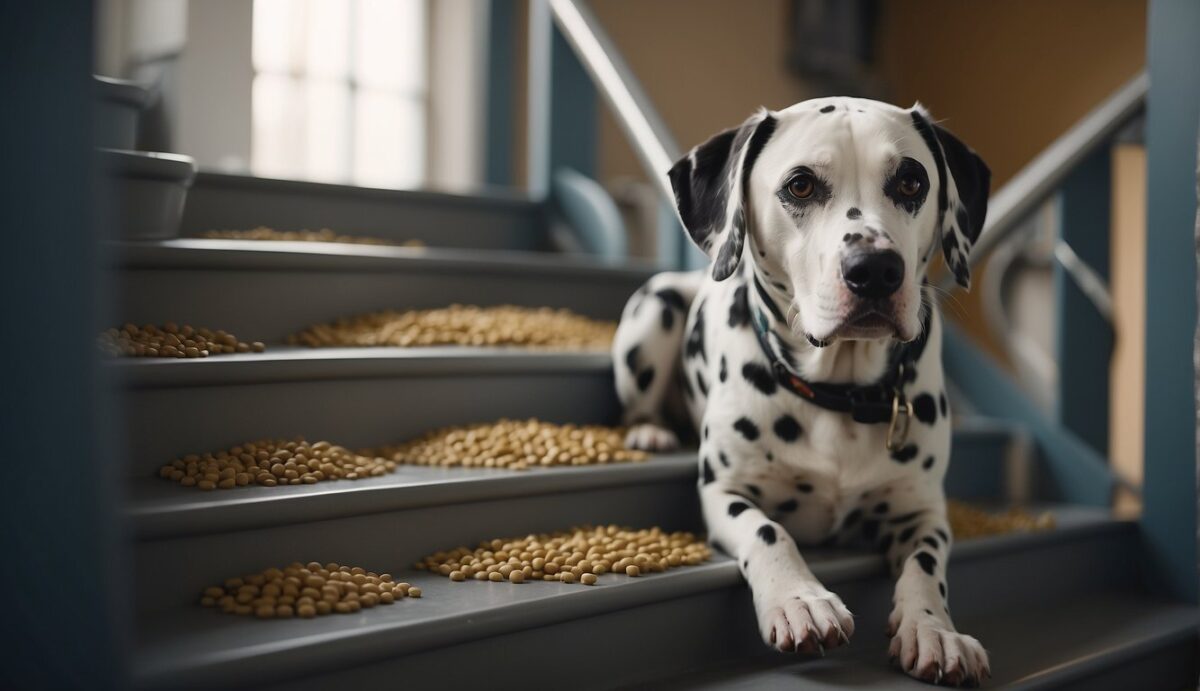 A chubby Dalmatian struggles to climb stairs, surrounded by empty food bowls and a concerned veterinarian