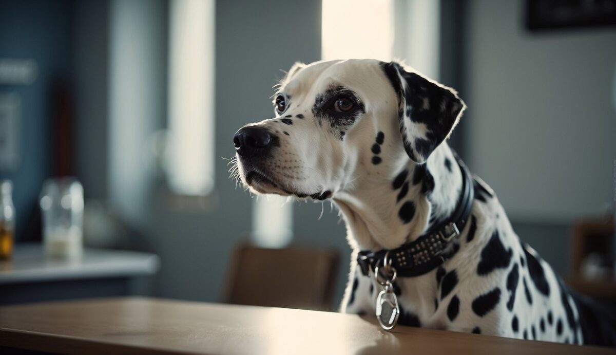 A Dalmatian dog with a swollen neck, lethargy, and weight gain. A veterinarian performing a thyroid function test and prescribing medication