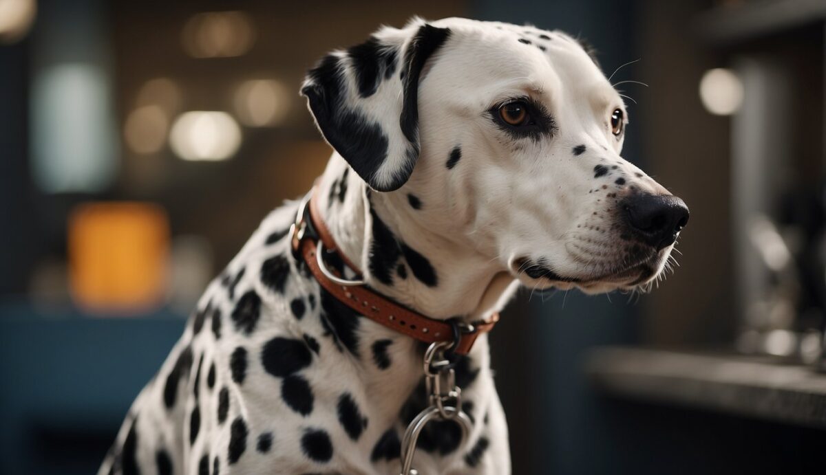 A Dalmatian with a swollen neck, lethargy, and weight gain. A veterinarian performing blood tests and prescribing medication