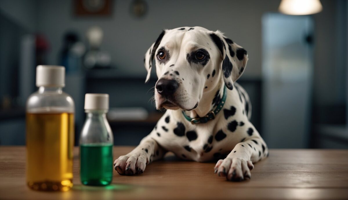 A Dalmatian with a droopy expression, thinning fur, and weight gain. A vet examining the dog's neck for swelling. Medication bottles nearby