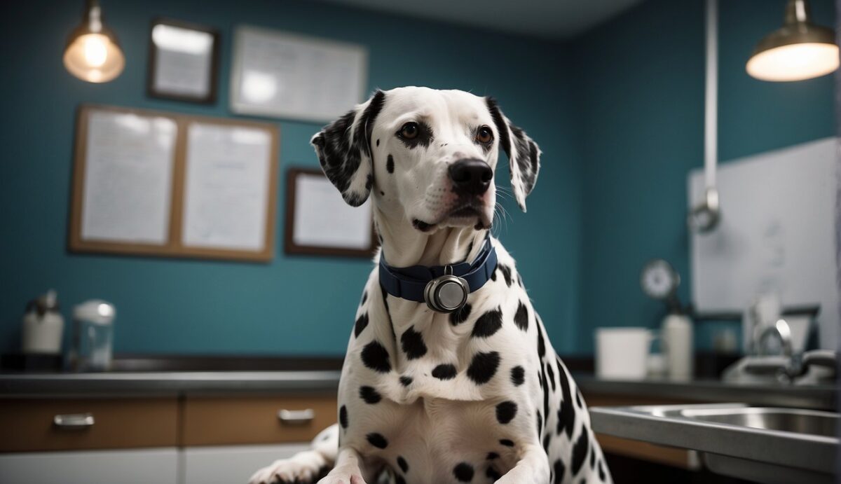A Dalmatian sits on a vet's examination table. The vet is holding a stethoscope to the dog's neck, while a chart on the wall shows symptoms, diagnosis, and treatment for thyroid issues