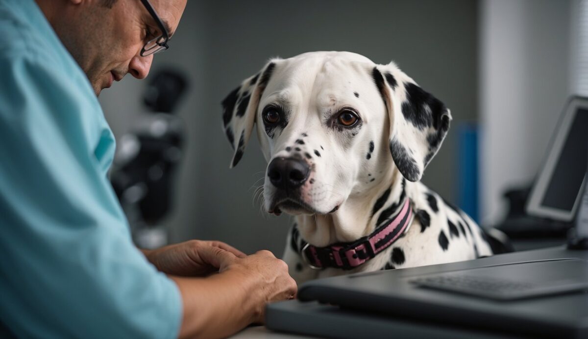 A Dalmatian dog with thyroid issues is being examined by a veterinarian. The vet is discussing treatment options with the dog's owner