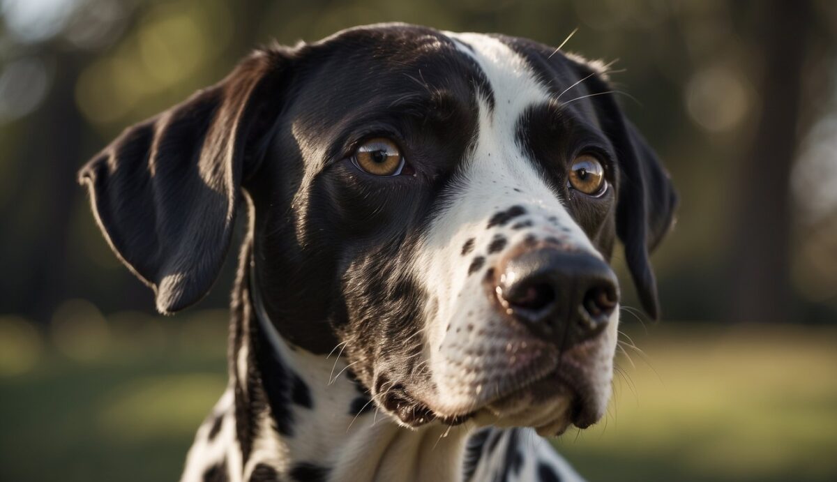 A Dalmatian with a worried expression, displaying symptoms of thyroid issues. A veterinarian examining the dog, running tests and discussing treatment options