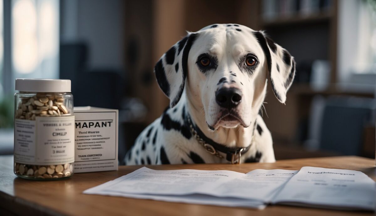 A Dalmatian with a worried expression sits next to a thyroid gland diagram. The dog is surrounded by pamphlets on symptoms, diagnosis, and treatment options for thyroid issues
