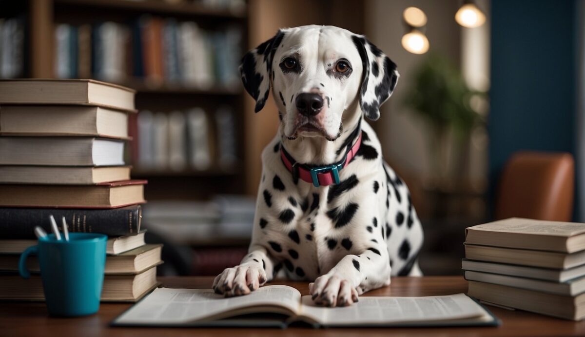 A Dalmatian with a concerned expression sits next to a stack of informative books and pamphlets on thyroid issues. A veterinarian is holding a stethoscope and discussing treatment options with the dog's owner