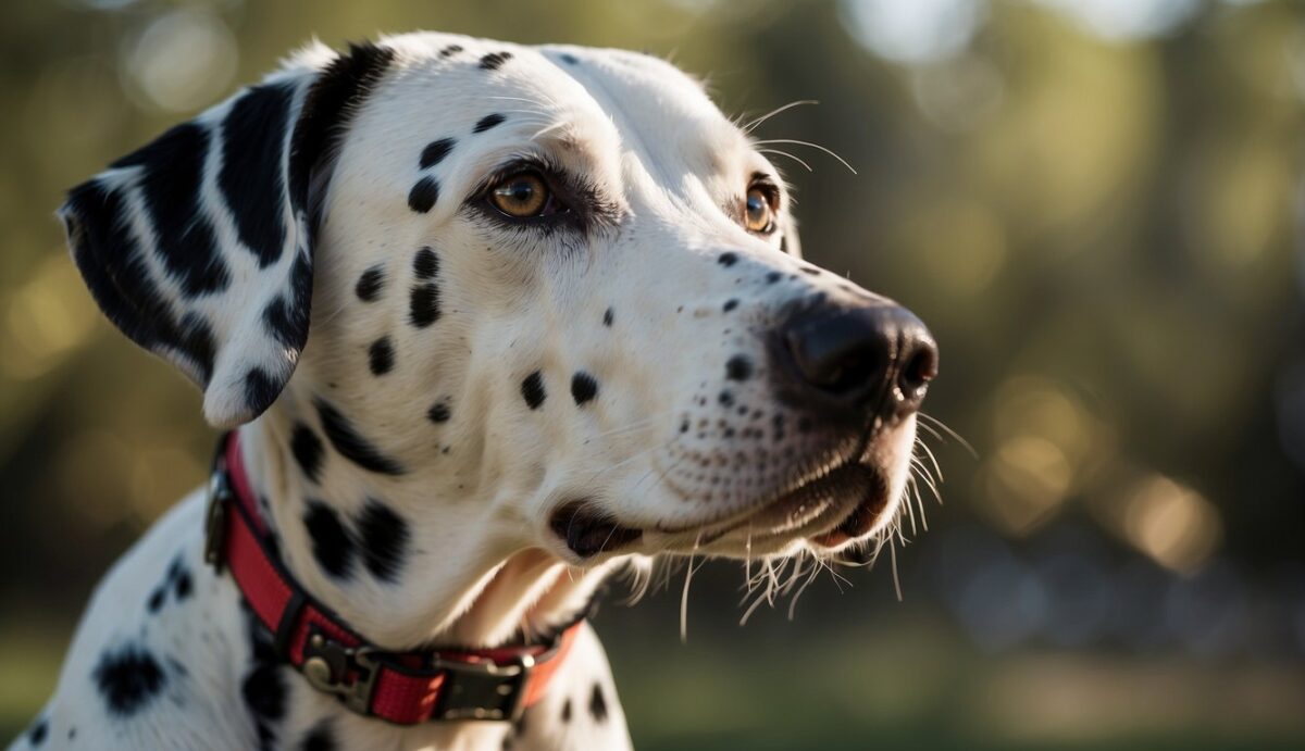 A Dalmatian sits alert, with bright, clear eyes. A vet holds up a chart showing common eye conditions and preventive care