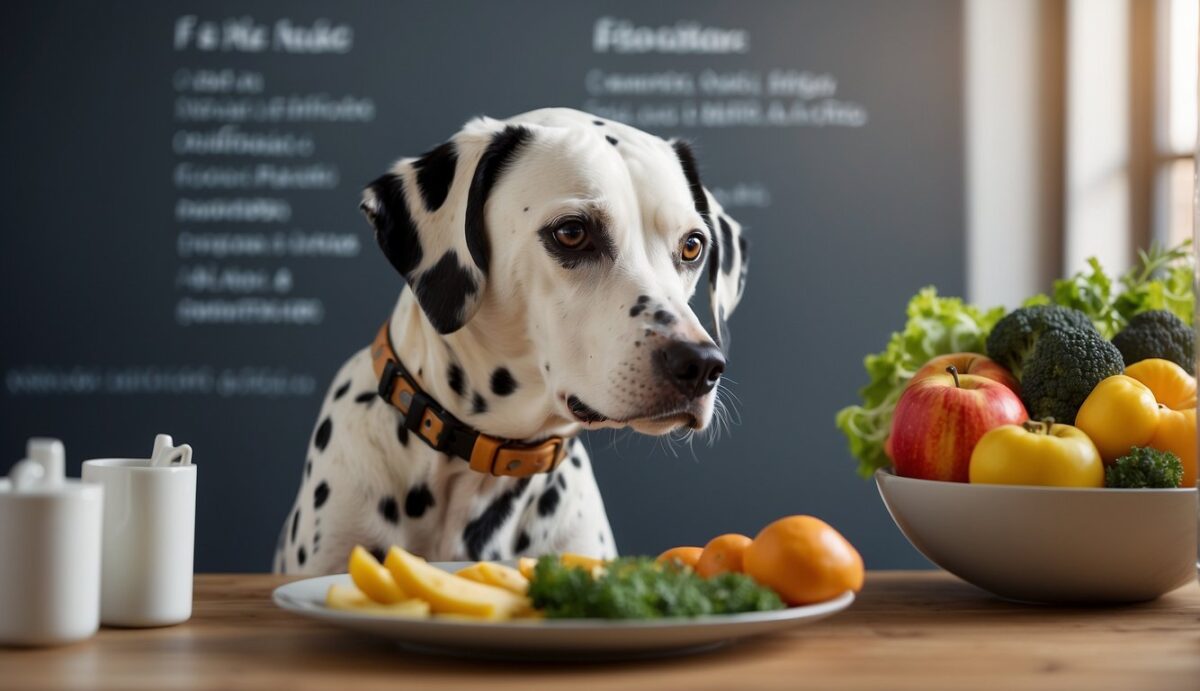 A Dalmatian sits beside a bowl of healthy food, with a bright, alert expression. A chart on the wall shows common eye conditions and preventive care tips