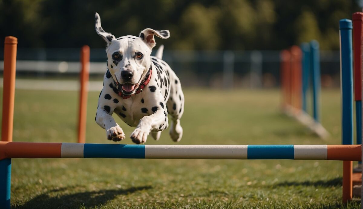 A Dalmatian dog is running through an agility course, jumping over hurdles and weaving through poles. Its eyes are bright and alert, showing the importance of exercise for maintaining eye health
