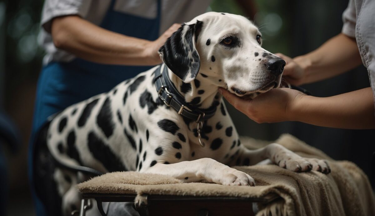 A dalmatian sits calmly while its coat and skin are being groomed. Its eyes are bright and healthy, showcasing proper care and preventive measures