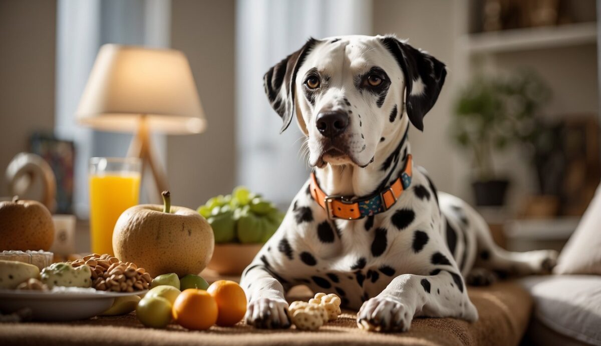 A Dalmatian lounges in a sunlit room, surrounded by healthy eye-friendly foods and toys. A veterinary chart on the wall outlines common eye conditions and preventive care tips
