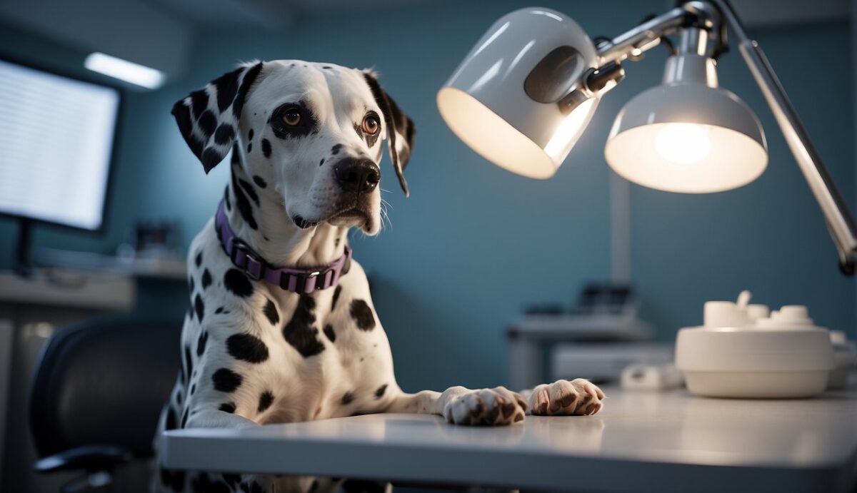 A Dalmatian dog sits calmly on an examination table at the veterinary clinic. The veterinarian examines the dog's eyes with a bright light, checking for common eye conditions and providing preventive care